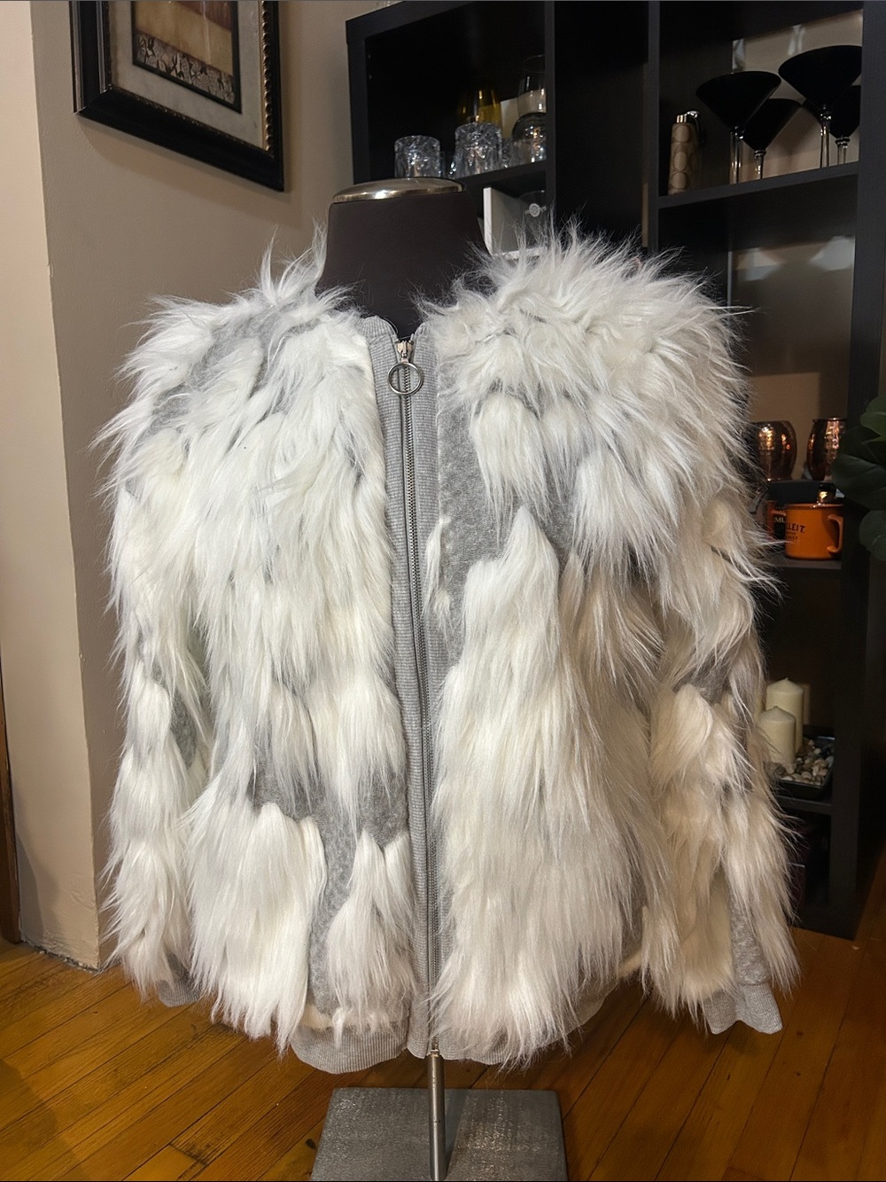 Zara Gray and White Faux-Fur Jacket